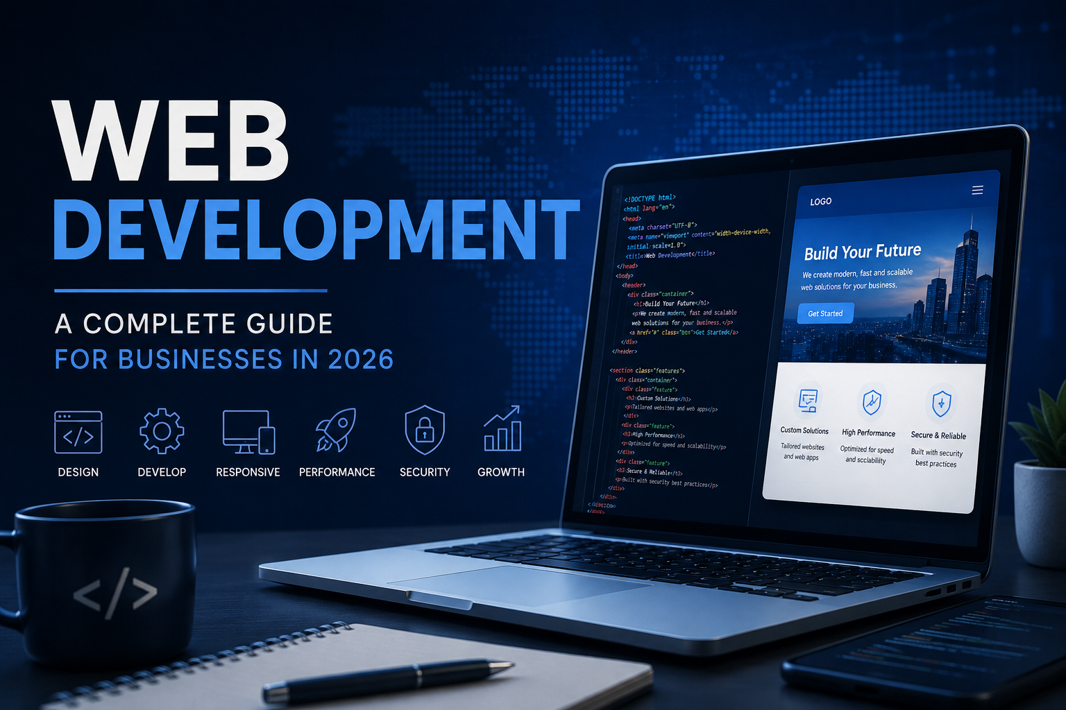 Web development guide for businesses in 2026 covering design, performance, security, responsiveness, and scalable digital solutions.