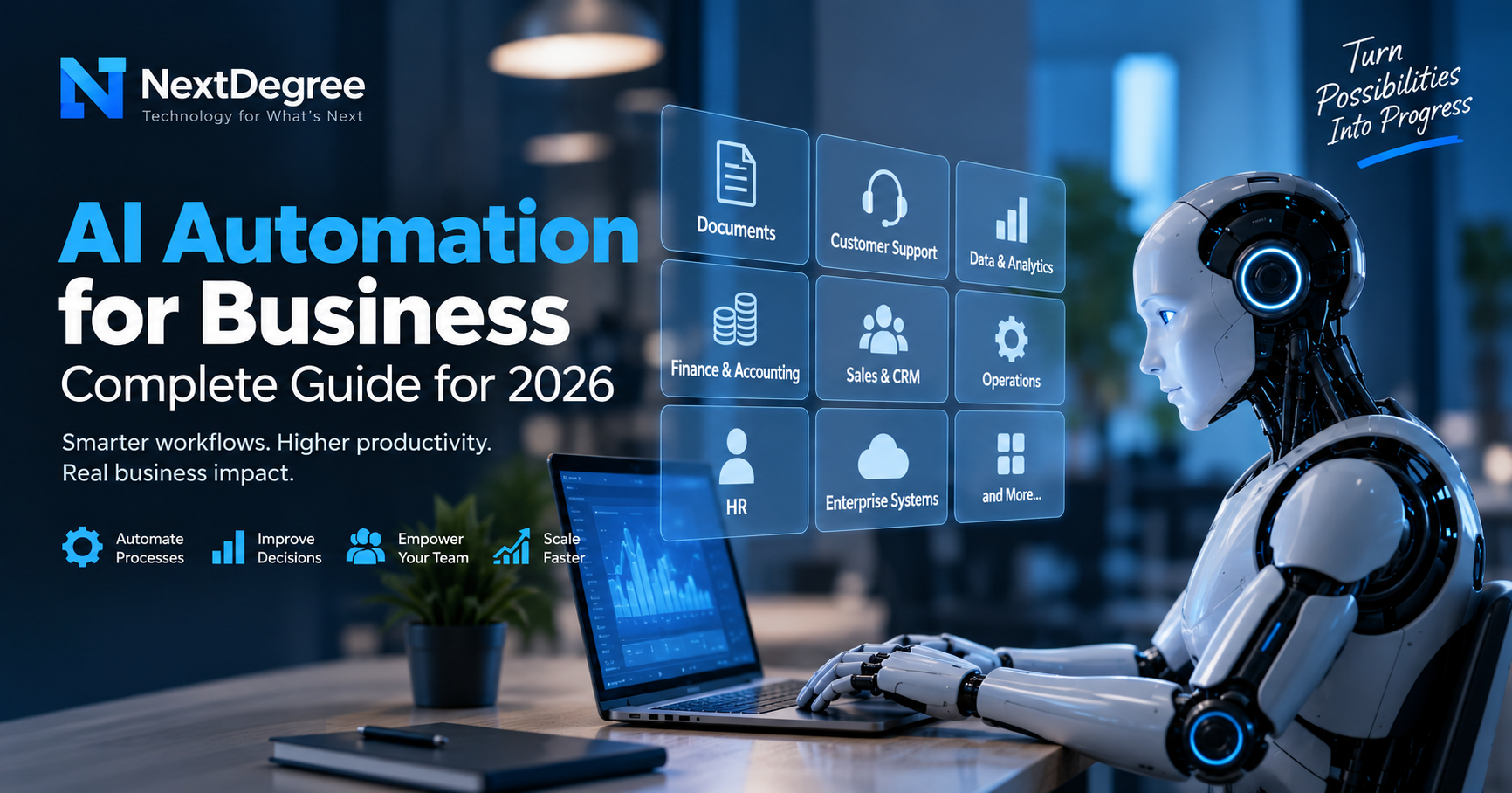 AI automation for business showing intelligent workflows, analytics and enterprise automation by NextDegree