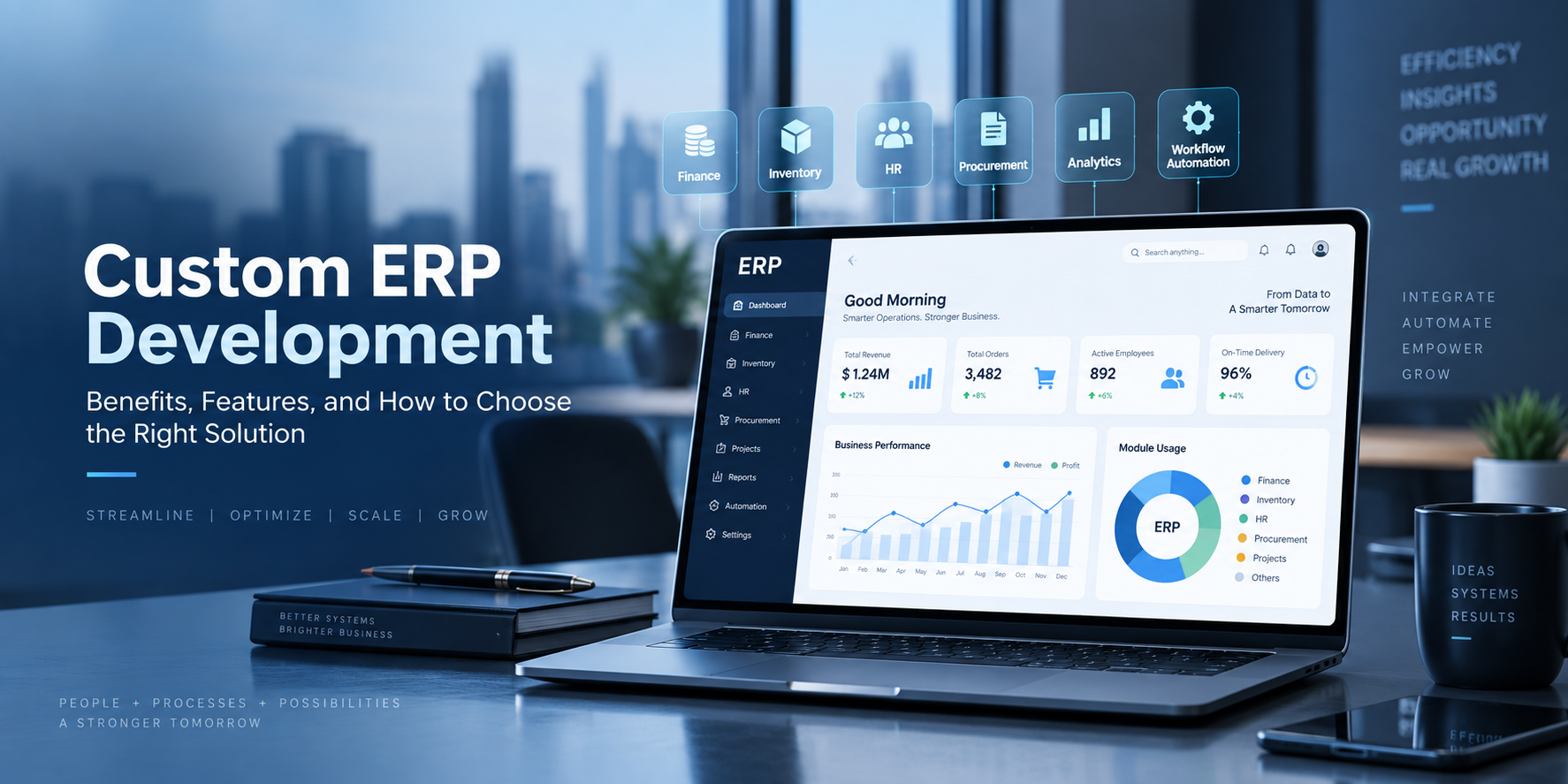 Custom ERP development dashboard showing integrated finance, inventory, HR, procurement, analytics, and workflow management features.