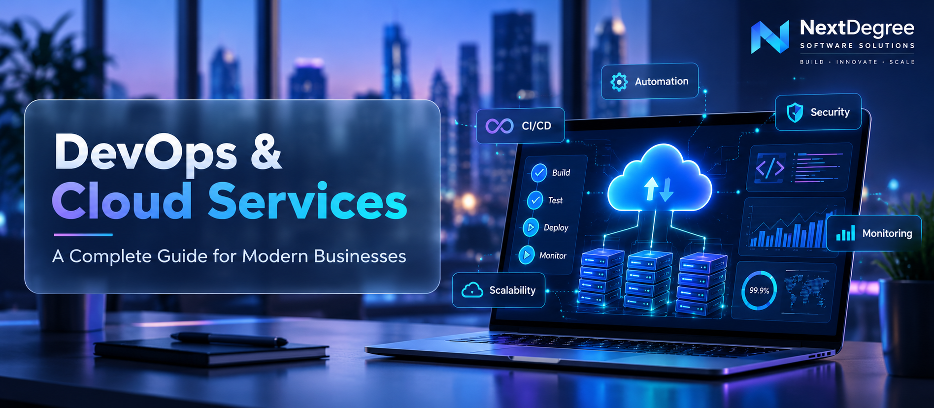DevOps & Cloud Services banner showing cloud infrastructure, CI/CD automation, monitoring, security, scalability