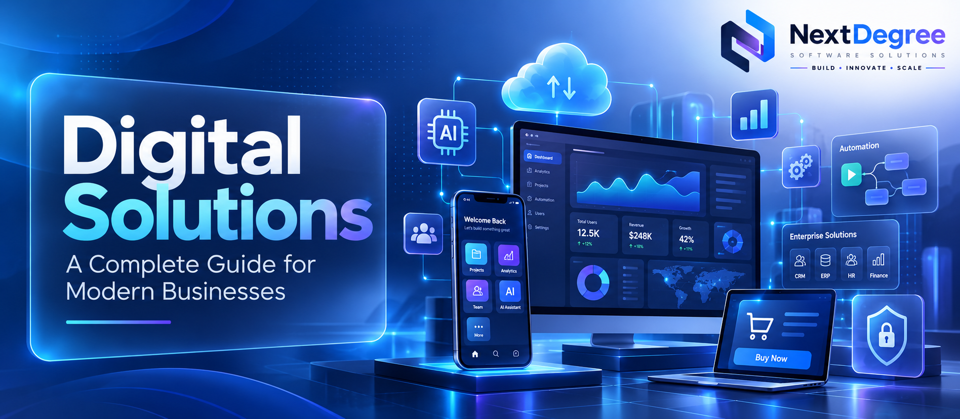 Digital solutions banner showing custom software, AI, cloud platforms, automation, enterprise systems, analytics, mobile apps