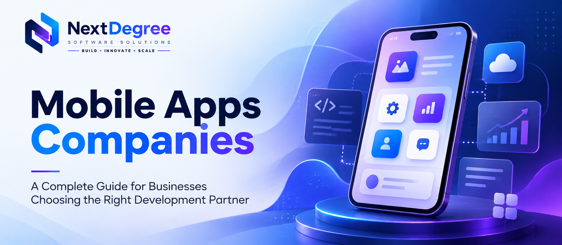 Mobile apps companies banner showing smartphone app interfaces, development icons, analytics, cloud connectivity